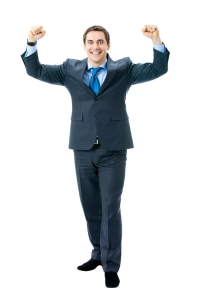 Molto felice uomo d'affari di successo gesturing, isolato su b bianco — Foto Stock