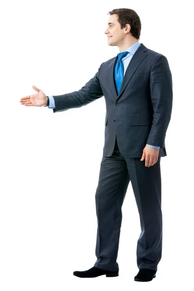 Full body portrait of businessman giving hand for handshake, iso — Stock Photo, Image