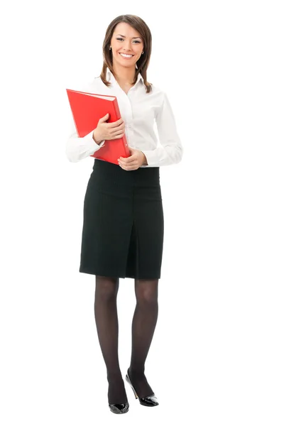 Corps complet de femme d'affaires avec dossier rouge, sur blanc — Photo