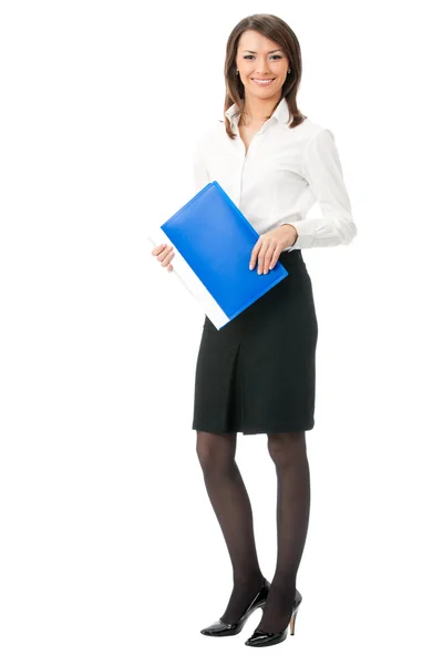 Corps complet de femme d'affaires avec dossier bleu, sur blanc — Photo