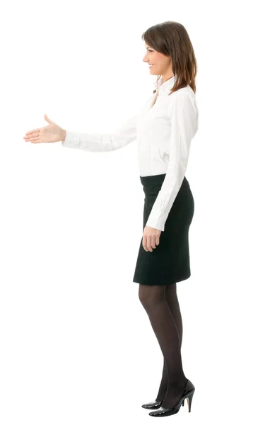 Ділова жінка дає руку для рукостискання, на білому — стокове фото