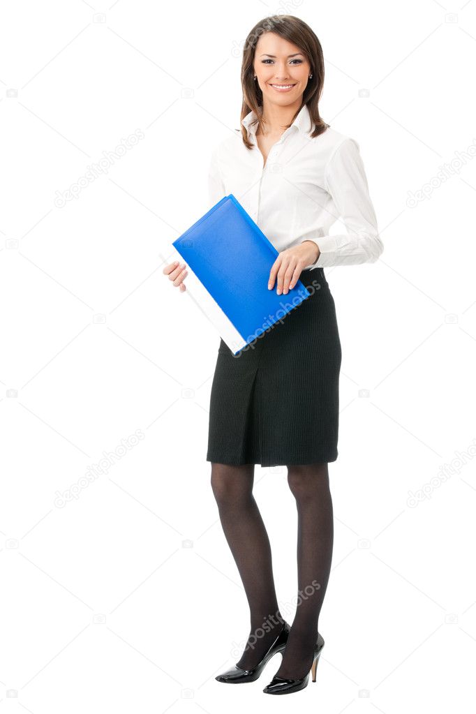 Full body of business woman with blue folder, on white