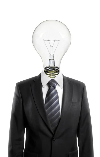Бизнесмен в темном костюме с лампочкой вместо головы — стоковое фото