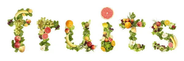 A palavra FRUTOS feitos de frutas em um fundo branco — Fotografia de Stock
