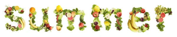 La palabra VERANO hecho de frutas y verduras sobre un fondo blanco —  Fotos de Stock