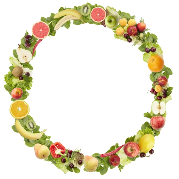 Kulatý rám vyroben z ovoce a zeleniny. izolované na bílém pozadí — Stock fotografie