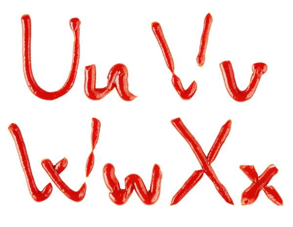 Cartas feitas de ketchup sobre fundo branco — Fotografia de Stock