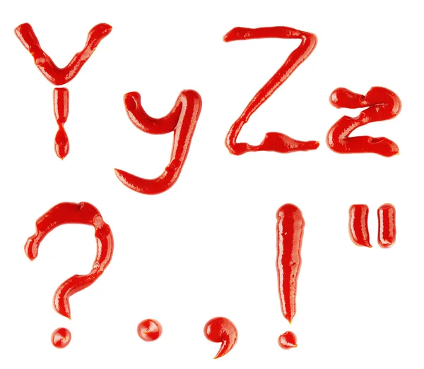 Buchstaben und Zeichen aus Ketchup auf weißem Hintergrund — Stockfoto