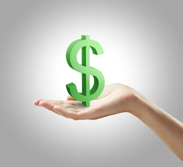 stock image 3d Green Dollar Sign on a woman's hand