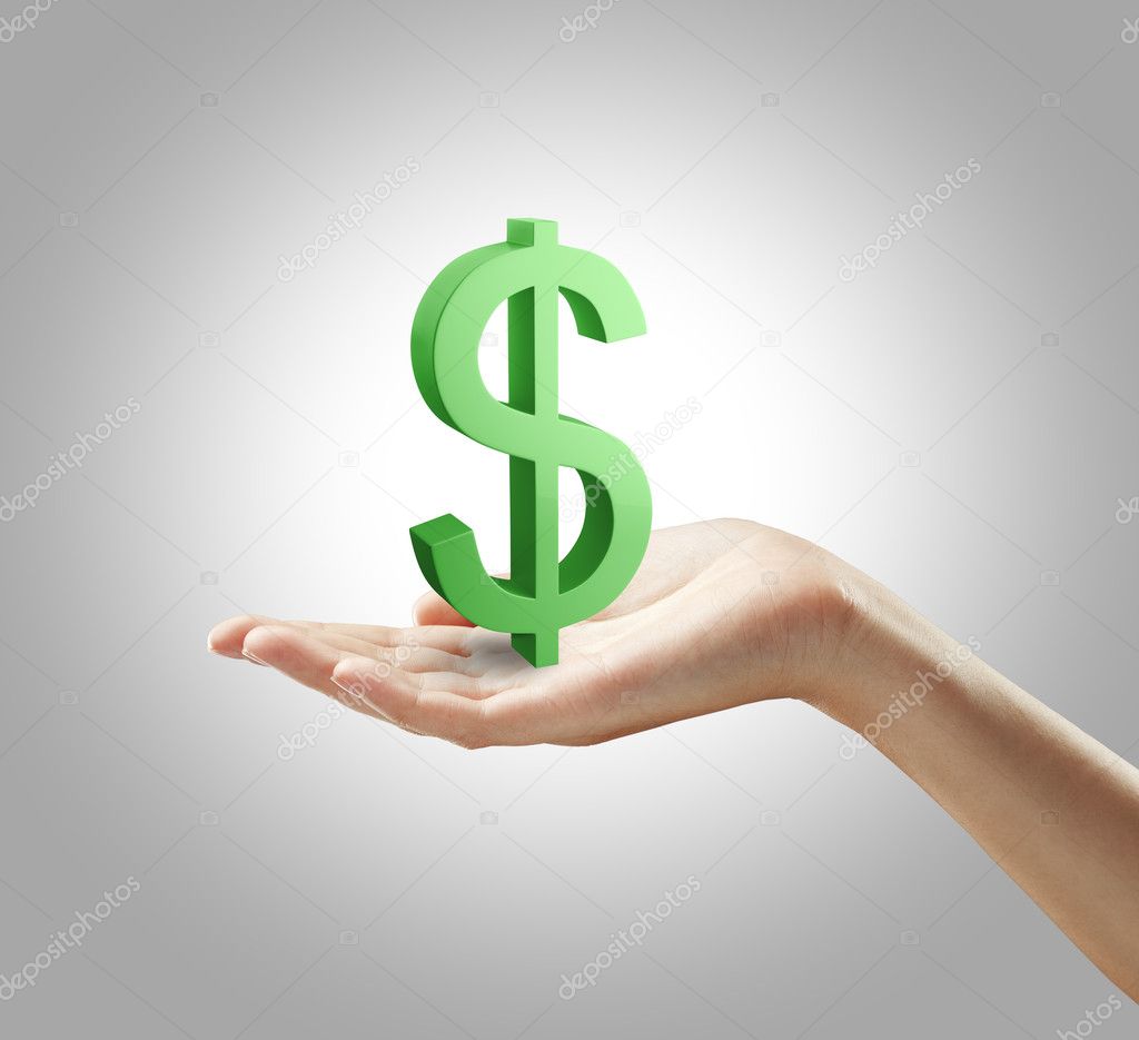 3d Green Dollar Sign on a woman's hand