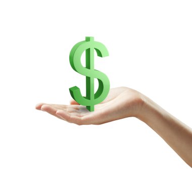 bir kadın eli üzerinde 3D yeşil dolar işareti