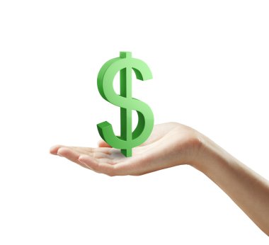 3d Green Dollar Sign on a woman's hand clipart