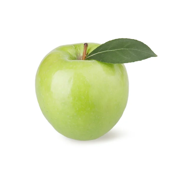 Mogen grönt äpple med ett blad — Stockfoto