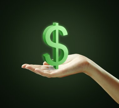 bir kadın eli üzerinde 3D yeşil dolar işareti