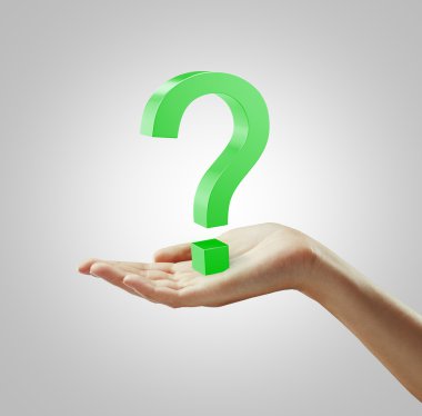 Green question mark on a woman's hand clipart