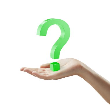 Green question mark on a woman's hand clipart