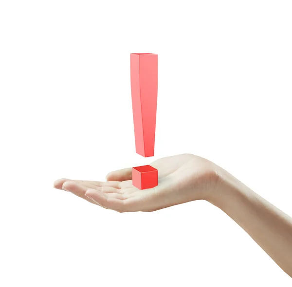 Red exclamation mark on a woman's hand — Stock Photo, Image