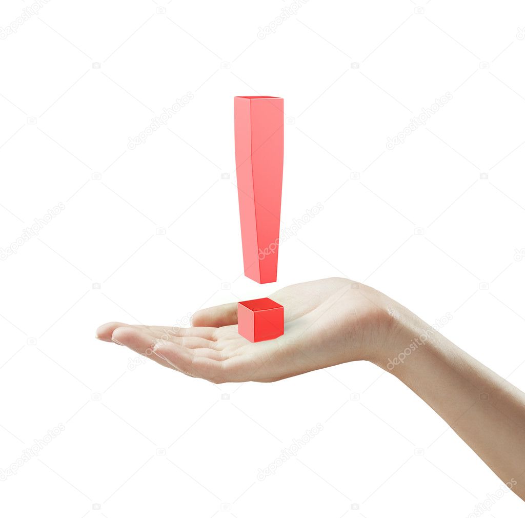 Red exclamation mark on a woman's hand