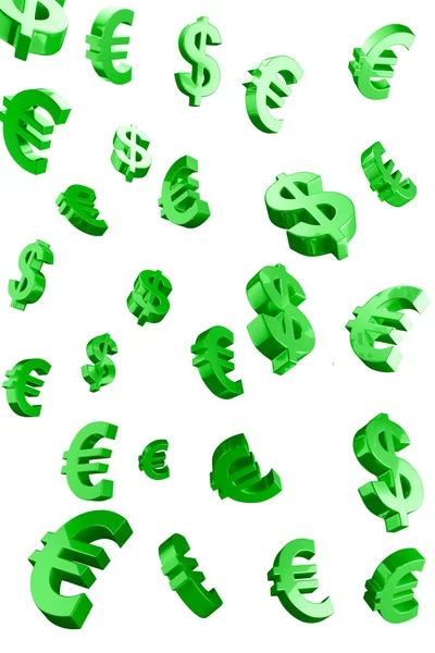 Green Evro and Dollar signs rain — Stock Photo, Image