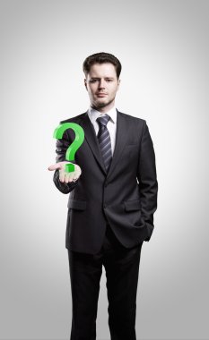 Young businessman with a question mark on his hand clipart