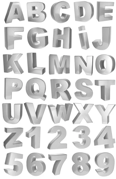 Srebrny pełne 3d alfabetu z cyfry — Zdjęcie stockowe