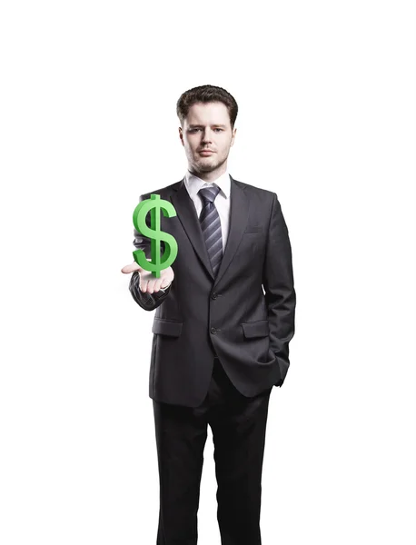 Jonge zakenman met een vraagteken op zijn hand — Stockfoto