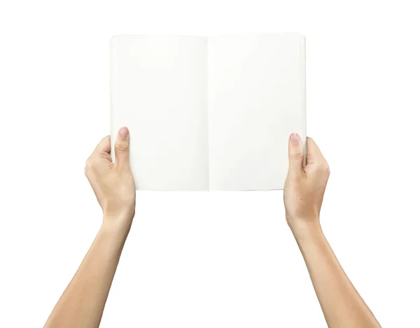 Manos femeninas sosteniendo un cuaderno blanco en blanco —  Fotos de Stock