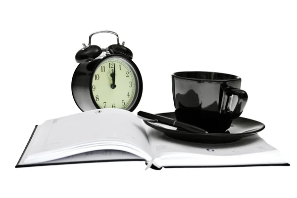 Agenda, coffee, clock and pen, office tools — Stock Photo, Image