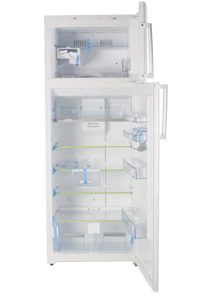Novo refrigerador no fundo branco — Fotografia de Stock
