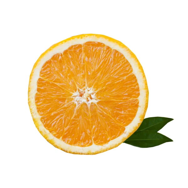 Slice of orange with green leaves isolated — Stock Photo, Image