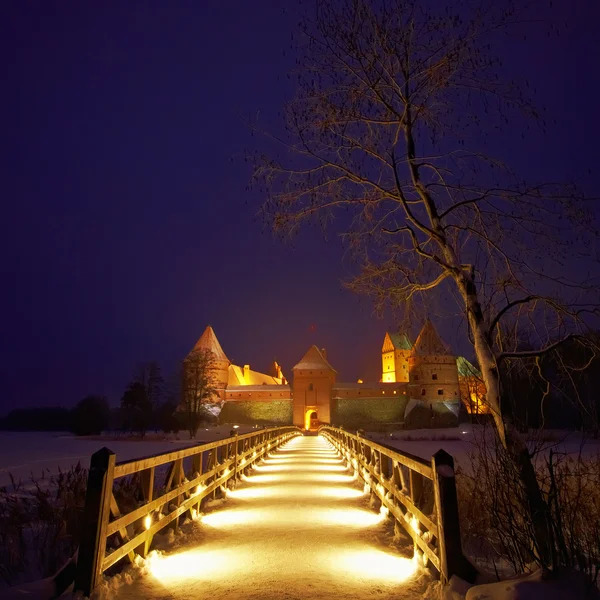 Château de l'île de Trakai dans la nuit en hiver . — Photo