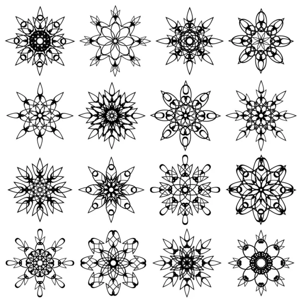 Ensemble de flocons de neige, noir sur blanc — Image vectorielle