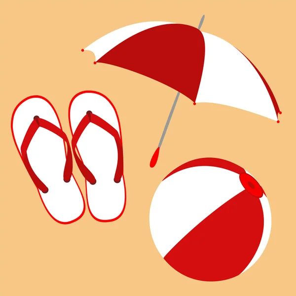 Фліп-флоп, парасолька і м'яч — стоковий вектор