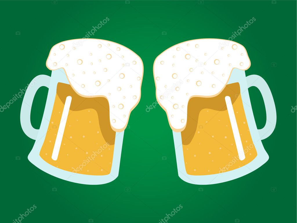Two mugs of beer on green