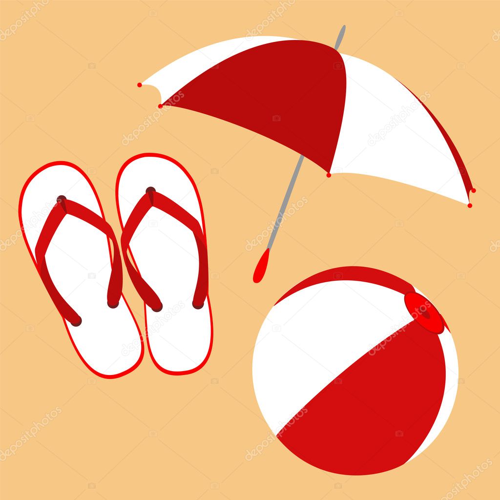 Flip flops, umbrella and ball