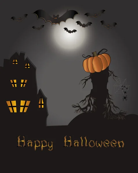 Halloween happy kaart - vleermuis pompoen spider web huis boom — Stockvector