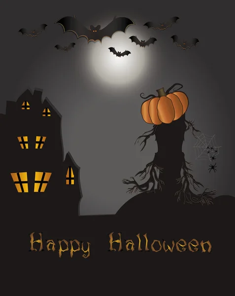 Halloween Happy card - bat pumpkin spider web house tree — Stock Vector