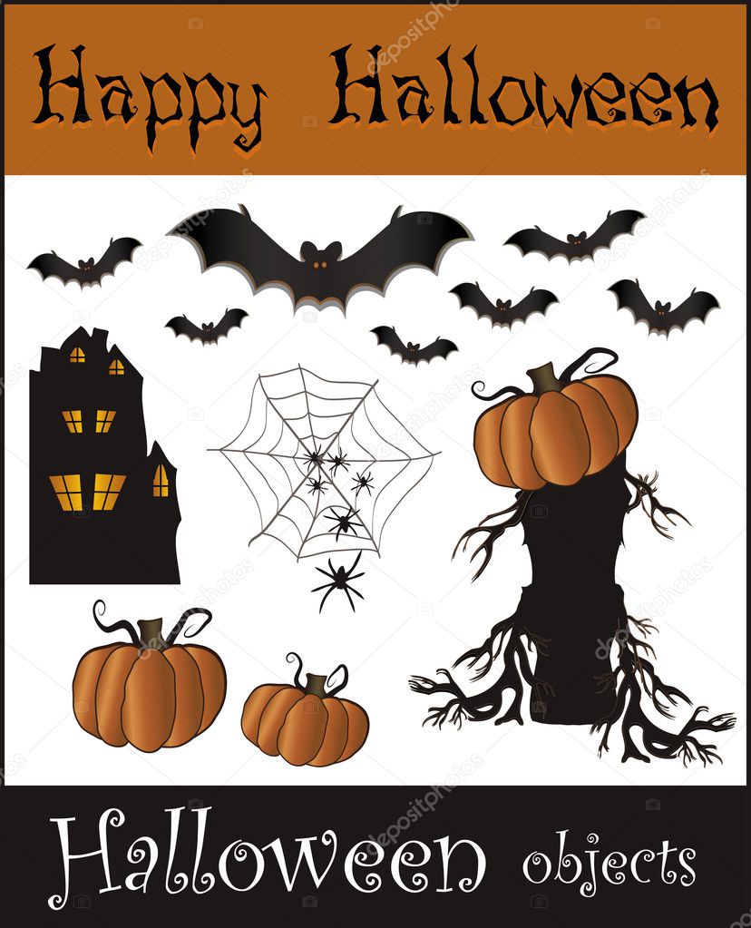 Halloween objects - bat pumpkin spider web house tree