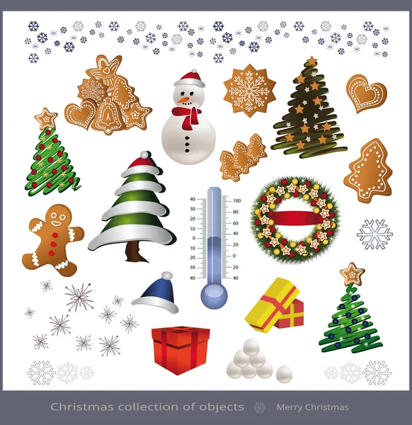 Raster Noel nesne öğesi - ağaç kardan adam termometre gingerbread hediye — Stok fotoğraf