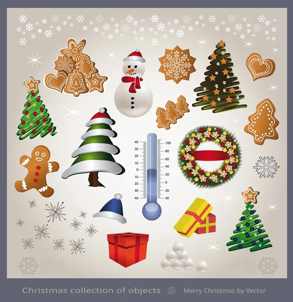 矢量圣诞节对象元素-树雪人温度计姜饼礼物 — 图库矢量图片