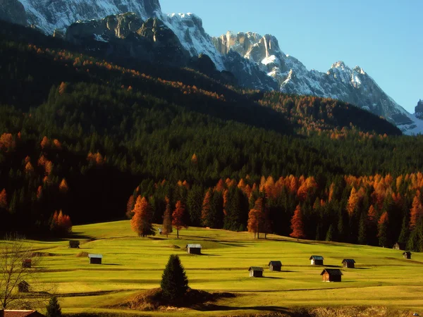 Alpine landscape with autumn barns — Stock Photo, Image