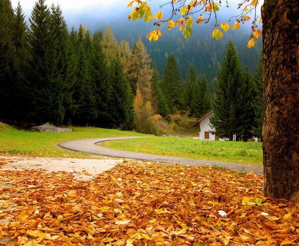 Autumnal Alpine landscape with white house