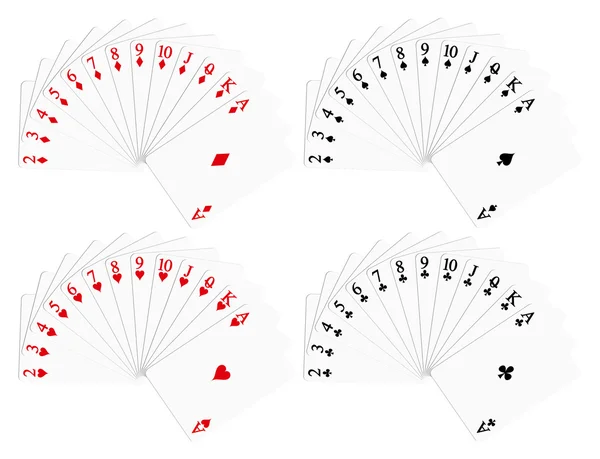 Hrací karty v červené a černé barvě (diamanty, piky, srdce, kluby) — Stock fotografie