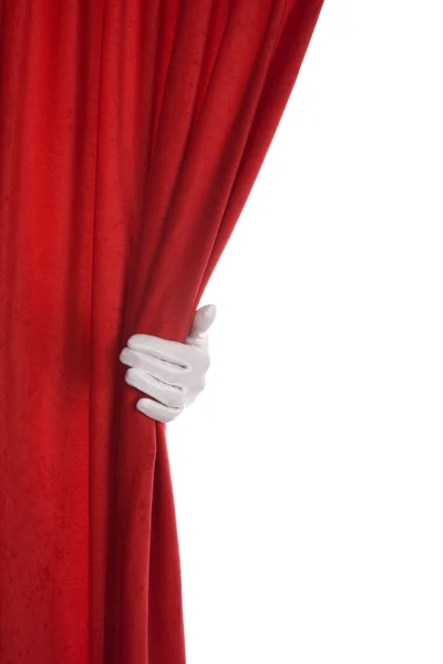 Röd gardin hand över vita — Stockfoto