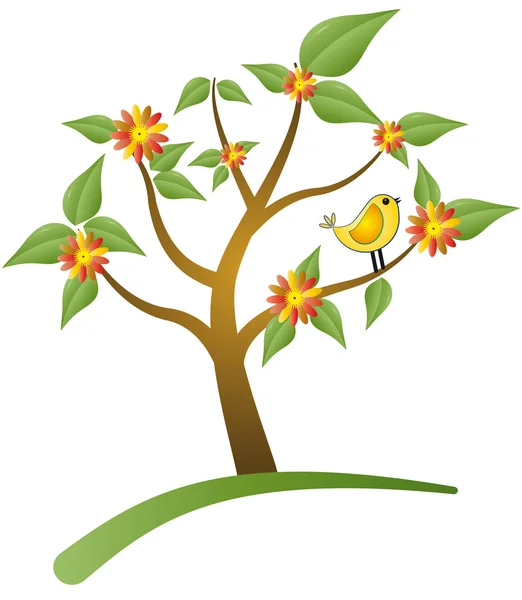 Árbol con pájaro y flor — Vector de stock