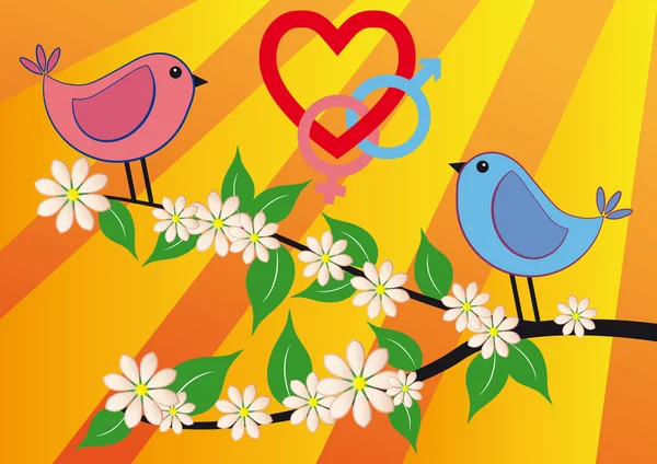 Uccello rosa e blu con amore — Vettoriale Stock