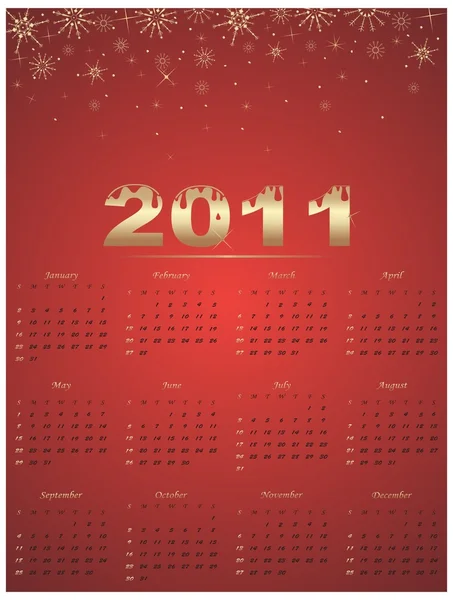 stock vector 2011 Calendar on red background with golden snowflakes