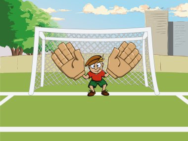 Cartoon soccer goalkeeper on gate clipart