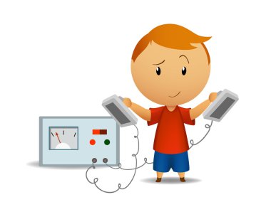 Smiling boy with medical defibrillator clipart