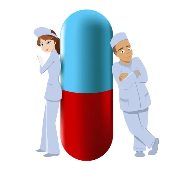 Dois farmacêuticos com pílula grande . — Vetor de Stock